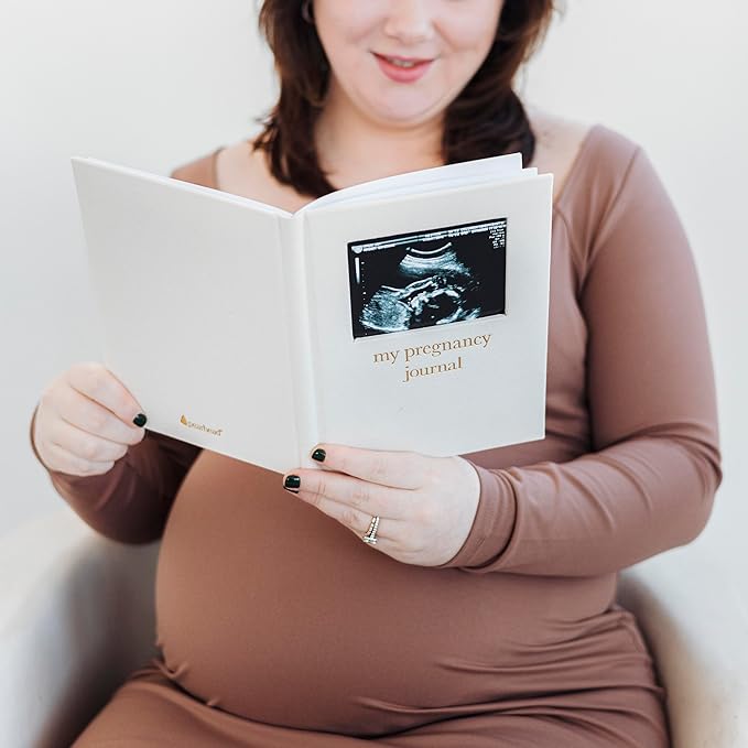 Pearhead Pregnancy Journal, Linen Guided Pregnancy Memory Book with Sonogram Photo Insert, Beige