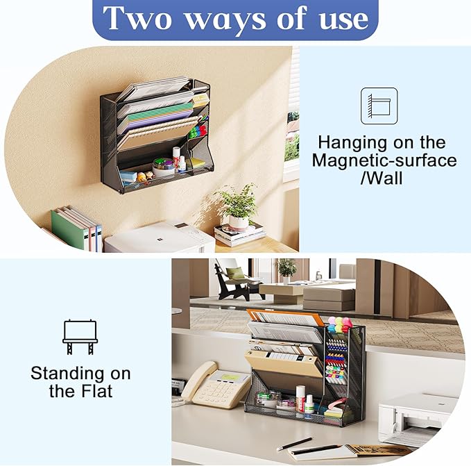 Magnetic File Organizer 5-Tier, No Drilling Installation, Office Magnetic Paper Holder with R-shaped Tray, Wall Hanging File Organizer, Mail Organizer for Refrigerator & Whiteboard & File Cabinet