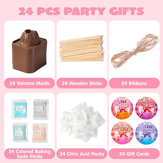 JOYIN 24 Pcs Valentines Day Volcano Science Kit with Cards, Volcano Erupting Science Experiment Toys with 4 Lava Colors, Classroom Activities for Kids Boys Girls Craft Gift Exchange Party Games