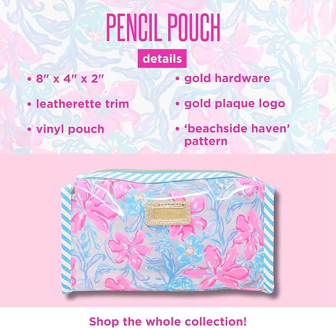 Lilly Pulitzer PVC Zipper Pouch, Cute Pencil Case for Adults, Travel Toiletry Bag, Small Pouch Bag for Supplies, Makeup or Toiletries (Beachside Haven)
