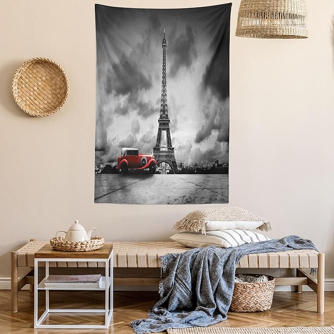 Ambesonne Eiffel Tower Tapestry, Image of Eiffel Tower Paris France Vintage Car Street Dark Clouds, Fabric Wall Hanging Decor for Bedroom Living Room Dorm, 23" X 28", Black Red