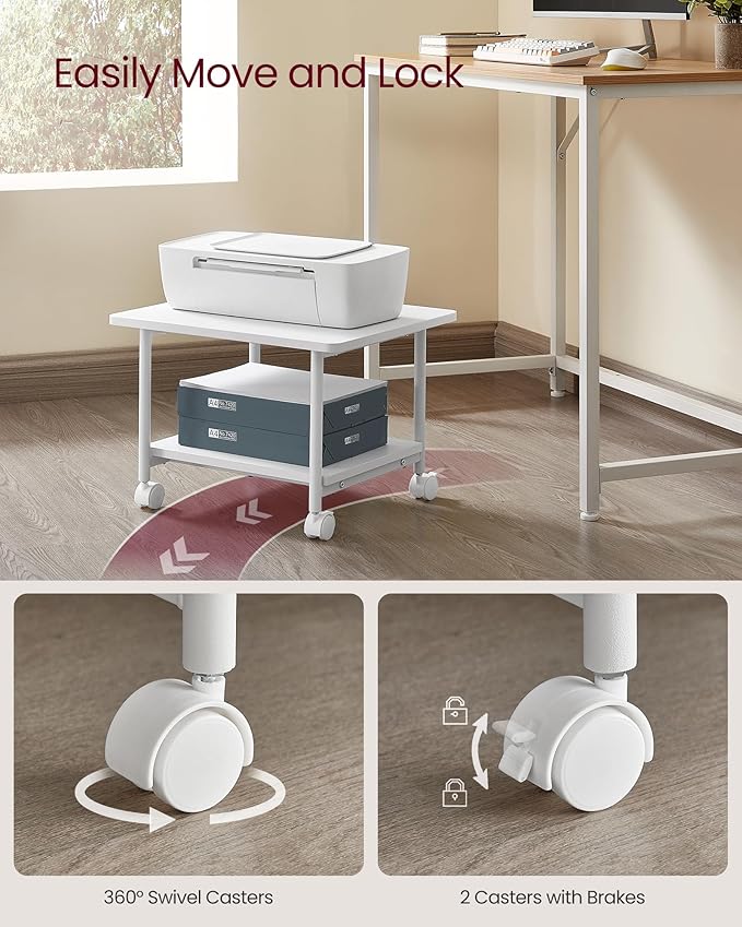 VASAGLE Heavy-Duty Printer Stand with Locking Wheels, 2-Tier Industrial Mobile Cart with Storage Shelf, Under Desk Printer Table for Home, Office, 13.4" Height, White UOPS002W01