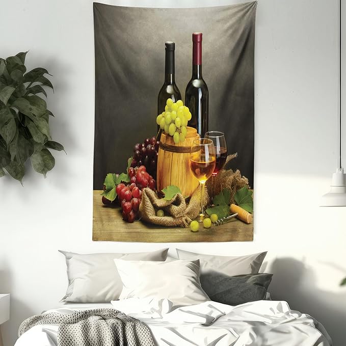 Ambesonne Winery Tapestry, Cask Bottles and Glasses of Wine and Ripe Grapes on Wooden Table Picture Print, Fabric Wall Hanging Decor for Bedroom Living Room Dorm, 30" X 45", Grey Taupe