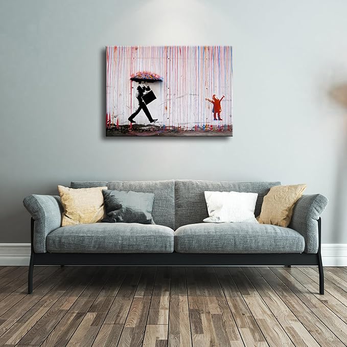 Wieco Art Banksy Raining Day or Colorful Graffiti Street Famous Canvas Prints Wall Art Modern Inspirational Grey Love Pictures Print Artwork for Kitchen Home Office Decor