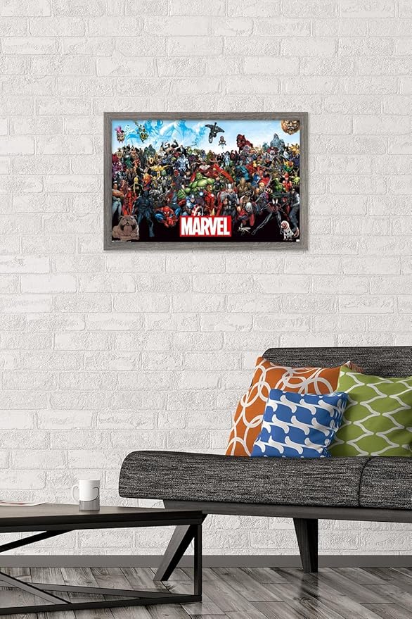 Marvel Comics The Marvel Lineup Wall Poster, 22.4L" x 14.7W", Barnwood Framed Version