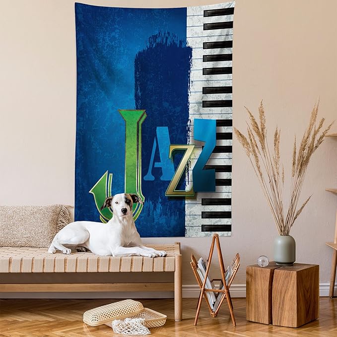 Ambesonne Jazz Music Tapestry Twin Size, Abstract Cracked Background Piano Keys Themed Print Rhytym Image, Wall Hanging Bedspread Bed Cover Wall Decor, 68" X 88", Navy Green White