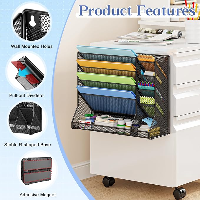 Magnetic File Organizer 5-Tier, No Drilling Installation, Office Magnetic Paper Holder with R-shaped Tray, Wall Hanging File Organizer, Mail Organizer for Refrigerator & Whiteboard & File Cabinet