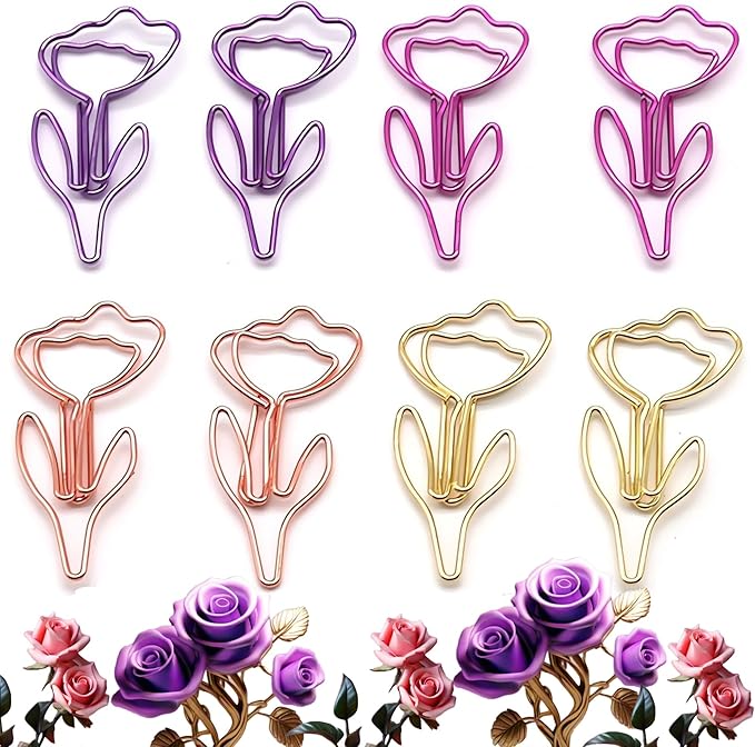 80 Pcs Metal Paper Clips Set - Multicolored Rose-Shaped Cute Paperclips for School and Office File Organization, Suitable for Party and Wedding Decor (ROSEFLOWER)