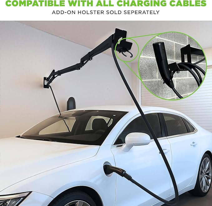 EV Charging Cable Holder - Extendable Arm Wall Mount for Electric Vehicle Charging Equipment - EV Charging Cable Organizer - EV Cable Holder - Made in USA - Black - 9-1/4' - No Holster