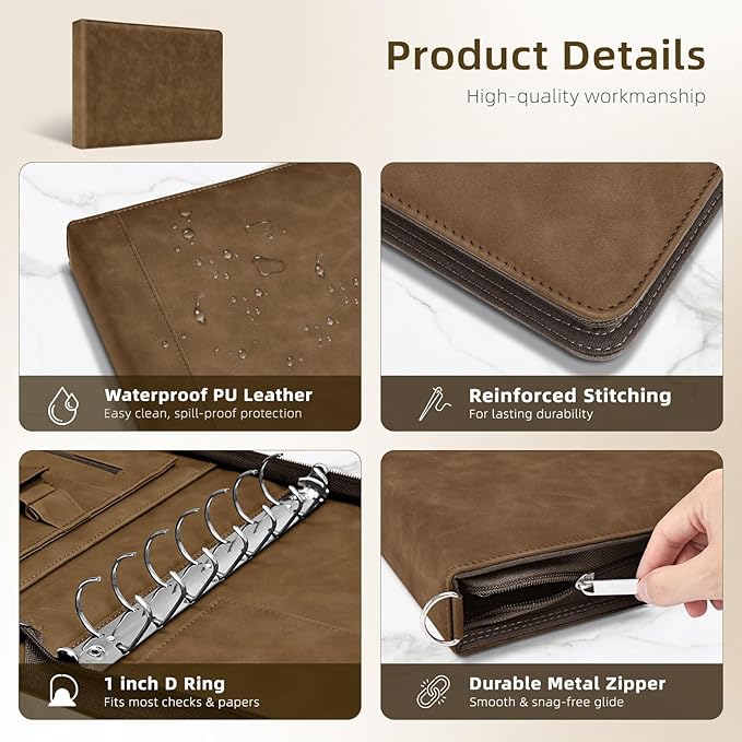 Ospelelf Brown Zippered 7 Ring Check Binder for Business Checks (9" x 13"), 1 Inch Faux Leather Checkbook Portfolio with Zipper Pouch, Professional Binder for Organizer Accountants, Home Use