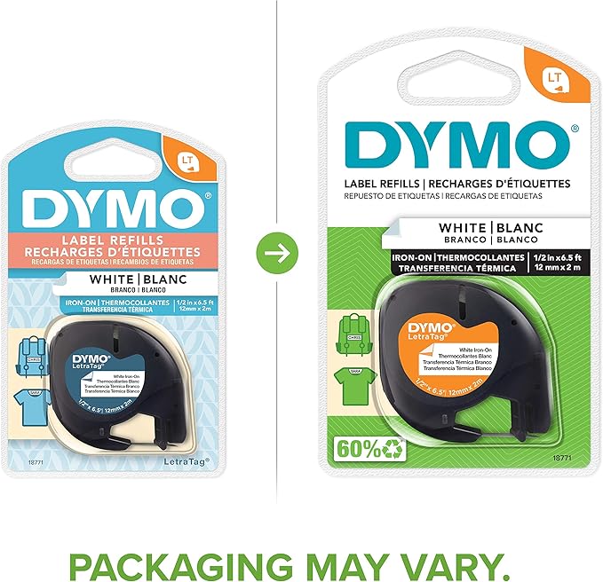 DYMO 18771 LT Iron-On Fabric Labels, 1/2-Inch x 6.5-Foot Roll, Black Print on White, Iron On, for LetraTag Printers