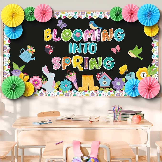 Eersida Spring Bulletin Board Decorations with Paper Fans St Patricks Day 3D Classroom Bulletin Board Christian Easter Flower Bunny Cutouts School VBS Library Church Window Wall Decor(Spring)