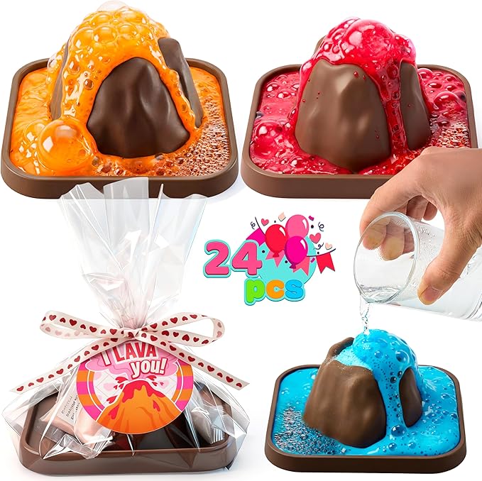 JOYIN 24 Pcs Valentines Day Volcano Science Kit with Cards, Volcano Erupting Science Experiment Toys with 4 Lava Colors, Classroom Activities for Kids Boys Girls Craft Gift Exchange Party Games