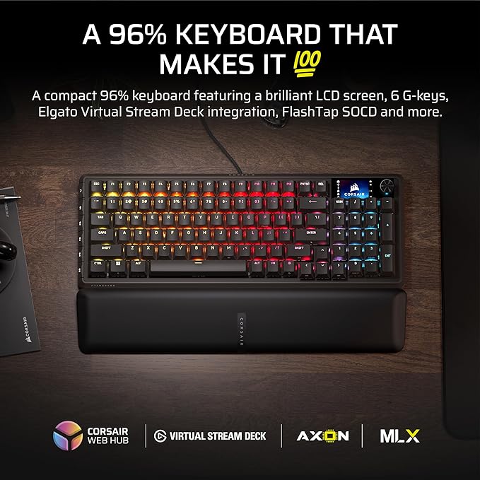 Corsair Vanguard 96 Wired Mechanical Gaming Keyboard – 96% Layout, MLX Plasma Linear Switches, 8000Hz Polling, LCD Display, Virtual Stream Deck, G-Keys, SOCD Flashtap, QWERTY US – Black