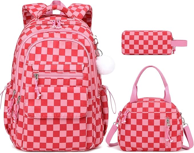 Bevalsa Backpack for Gilrs, 3PCS Corduroy Kids Backpack Set with Lunch Box & Pencil Pouch, Bookbag Daypack Laptop Bag for Women Teens Elementary Middle High School