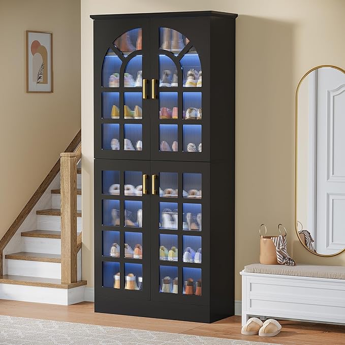 Tribesigns 69" Tall Shoe Cabinet with Doors and Led Light, 8-Tier Wooden Shoe Rack Organizer with Adjustable Shelves, Narrow Shoe Storage Cabinet for Entryway, Hallway, Living Room, Black