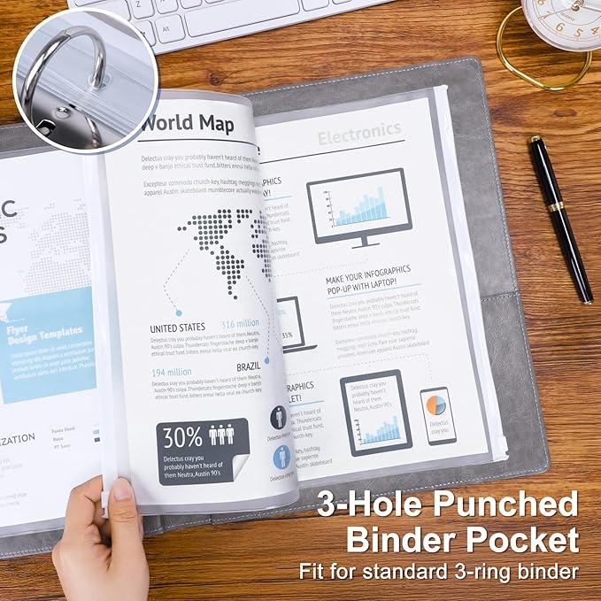 Antner 30pcs Letter Size Binder Pockets for 3 Ring Binder, White Zipper Document Organizer Pouches Heavyweight PVC 3-Hole Loose Leaf File Folders Page Sheet Protectors Side-Loading for Home Office