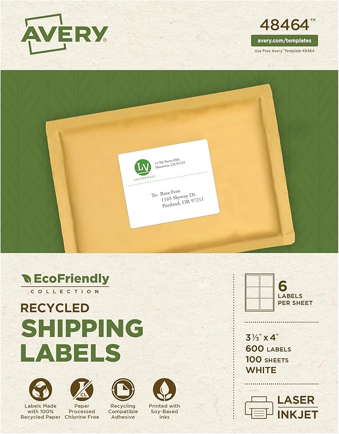 Avery EcoFriendly Recycled Shipping Labels, 3-1/3" x 4", White, Permanent Label Adhesive, 600 Printable Labels (48464)
