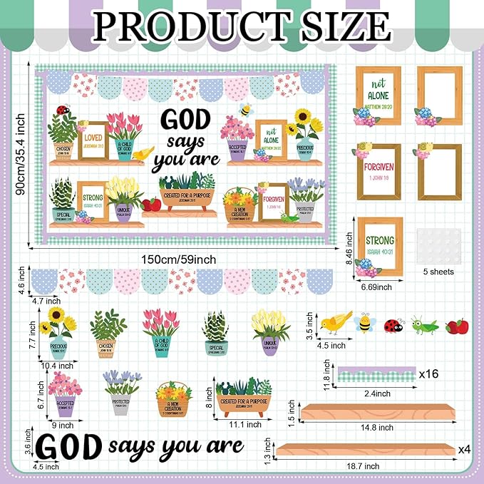 63 PCS Christian Bulletin Board Set God Says You are Religious Classroom Decoration Religious Plant Inspirational Paper Cutouts for Spring Church Sunday School Home Wall Window Supplies