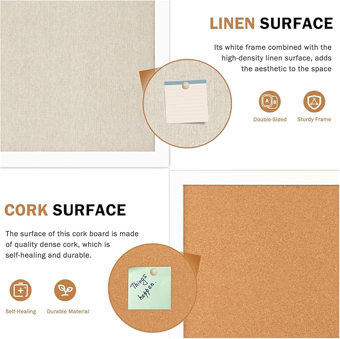 Double-Sided Large Cork Board with Linen, 24" x 18" Hanging Wood Framed Bulletin Board, Picture Display Vision Board Corkboards for Wall Room School Office Decor, 20 Pushpins,1pack