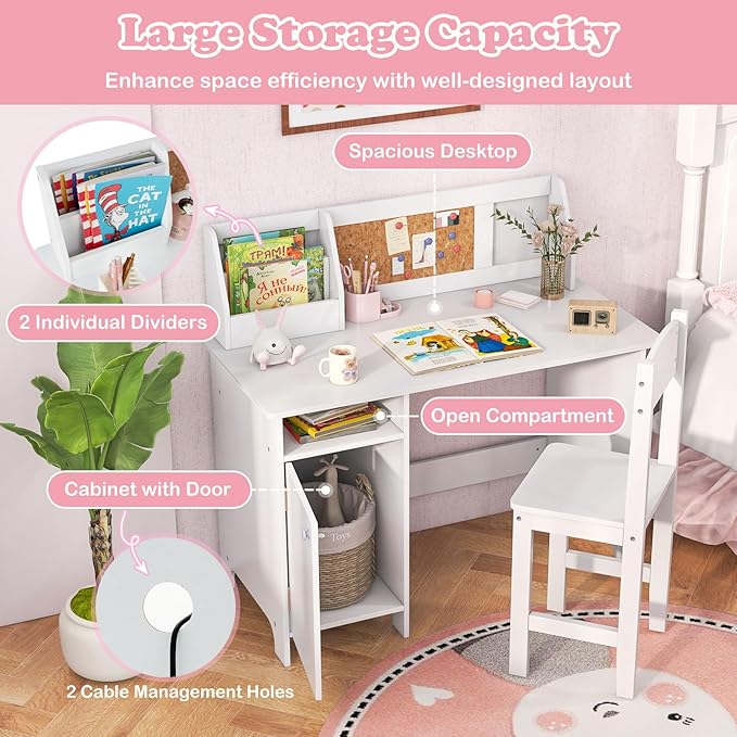 HONEY JOY Kids Desk and Chair Set, Wooden Children School Study Table and Chair w/Whiteboard, Hutch, Storage Shelves, Student Writing Desk Computer Workstation for Bedroom, 3+ Years Old (White)