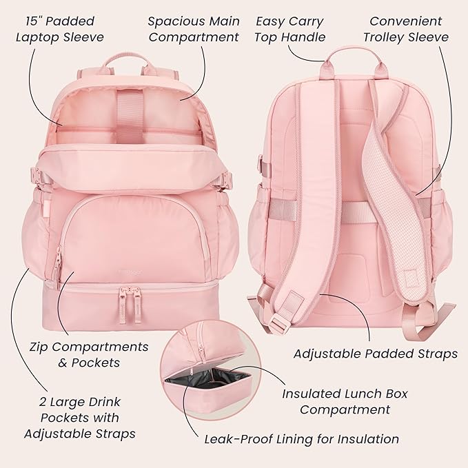 Bentgo 2-in-1 Adult Backpack & Insulated Lunch Bag – Lightweight, Water-Resistant Travel Backpack with 9 Compartments, Laptop Sleeve & Trolley Sleeve for Work & Everyday Use (Soft Blush)