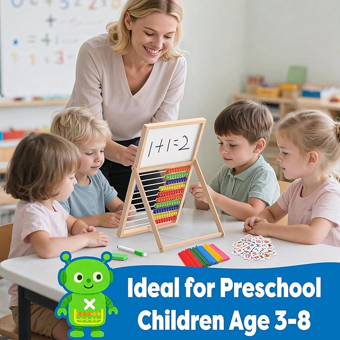 Wooden Abacus for Kids Math - Double-Sided Blackboard Whiteboard for Toddlers with 308 Magnetic Number & Fruit Cards, 100 Counting Sticks Montessori Educational Toys Homeschool Essentials
