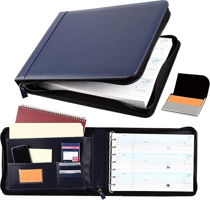 2Fold Zippered Business Checkbook Binder - 7 Ring Binder for Business Checks with Built-in Organizer and Card Case - PU Leather Portfolio for up to 600 3-Up Checks (Blue)