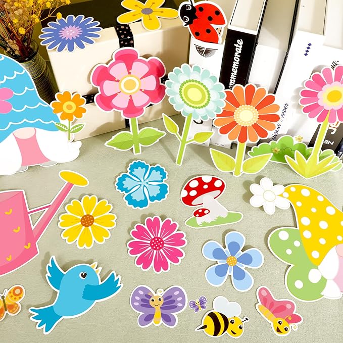 Konsait Spring Bulletin Board Decorations, 68Pcs Spring Bulletin Board Set, Big Umbrella Flowers Waterdrop Spring Cutouts for Home Office Classroom Blackboard Wall Decoration