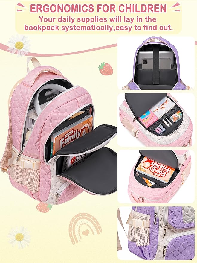 Purple Girls Backpacks with Lunch Box for Teens Kids for Age 6-8 8-10 10-12 Cute School Bag for Middle High School Primary Preppy Bookbag Mochila Para Niñas