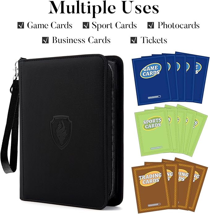 Premium 4 Pocket Zip Card Binder, Trading Card Binder for 320 Cards, Portable PU Card Collection Binder, Collector Card Album Folder for Game & Sports Cards (Black)