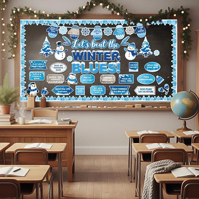 Honoson 68 Pcs Winter Bulletin Board Decorations Set Winter Mental Health Classroom Decor Snowman Snowflake Motivational Cutouts for January Xmas Holiday Party School Office Home Wall Door Supplies