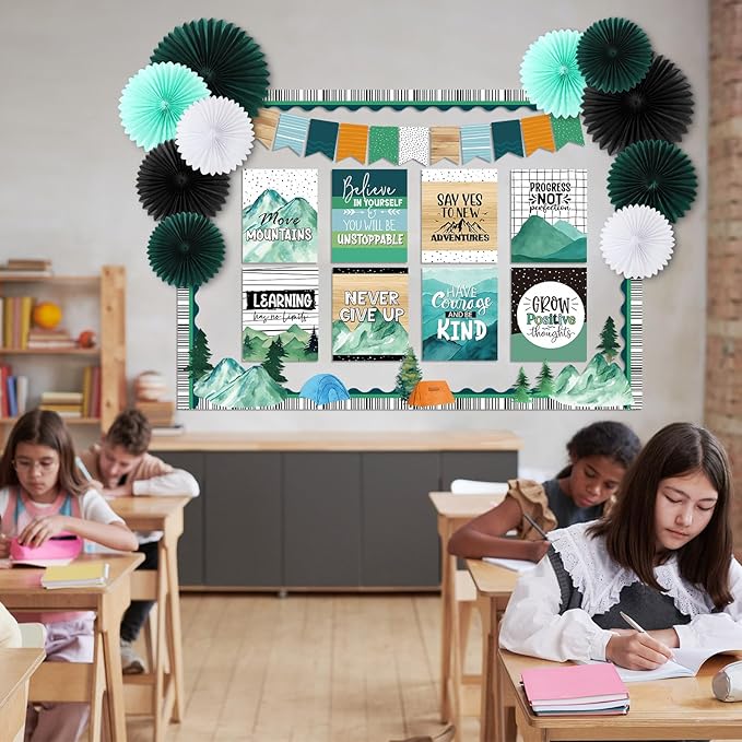 Pajean 62 Pcs Mountains Classroom Bulletin Board Decorations Green with 3D Paper Fans Inspirational Posters Cutouts Moving Mountain Motivational Bulletin Board for School Classroom Home Decorations