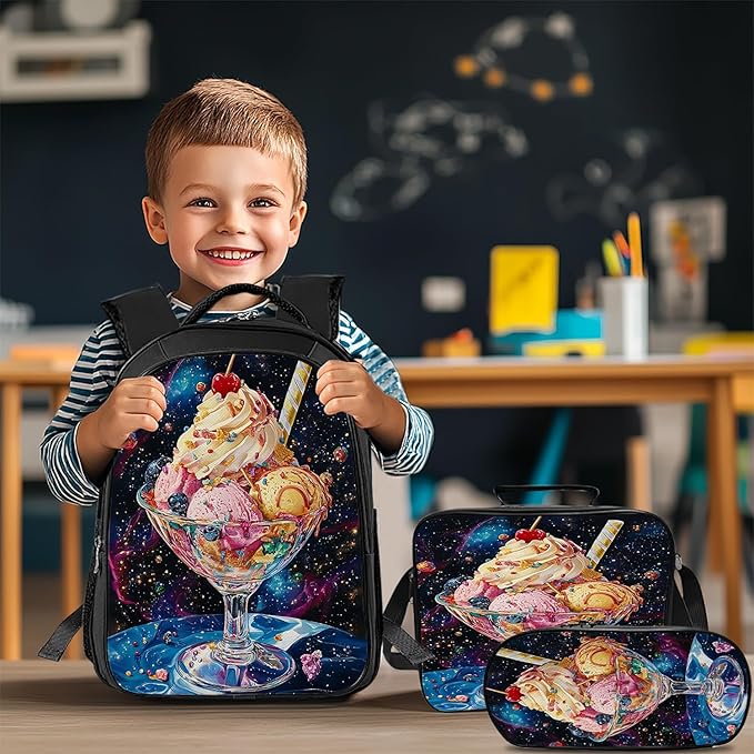 Ice Cream Backpack Set 3 Piece School Bags and Lunch Box with Pencil Case Funny Blue Galaxy Space Bookbag Set for Toddler Kids Girls Boys Teens Kindergarten Elementary Middle