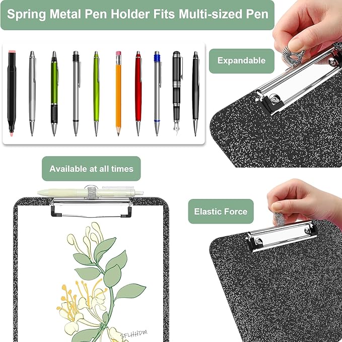 SFLHHDM Clear Glitter Clipboards, Plastic Clipboard with Pen Holder, Clip Boards 8.5x11 with Low Profile Clip, Cute Hanging Clip Board for Office School Supplies Sparkly Clipboard (Ink Black)