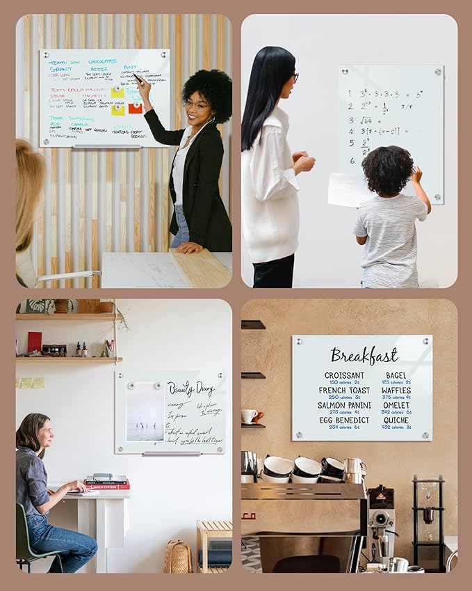 Mifuro Magnetic Glass Whiteboard，24"x18" Wall Mounted Frameless Dry Erase Board for Office, Home & School White