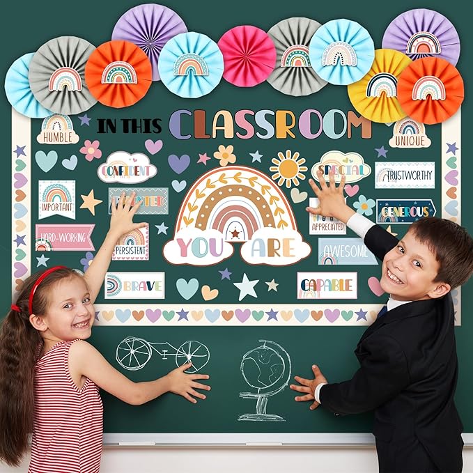 Janlaugh 94 Pcs in This Classroom Bulletin Board Decorations with Paper Fans Boho Classroom Decor Rainbow Motivational Words Cutouts Positive Back to School Bulletin Board Set for Wall Window Office
