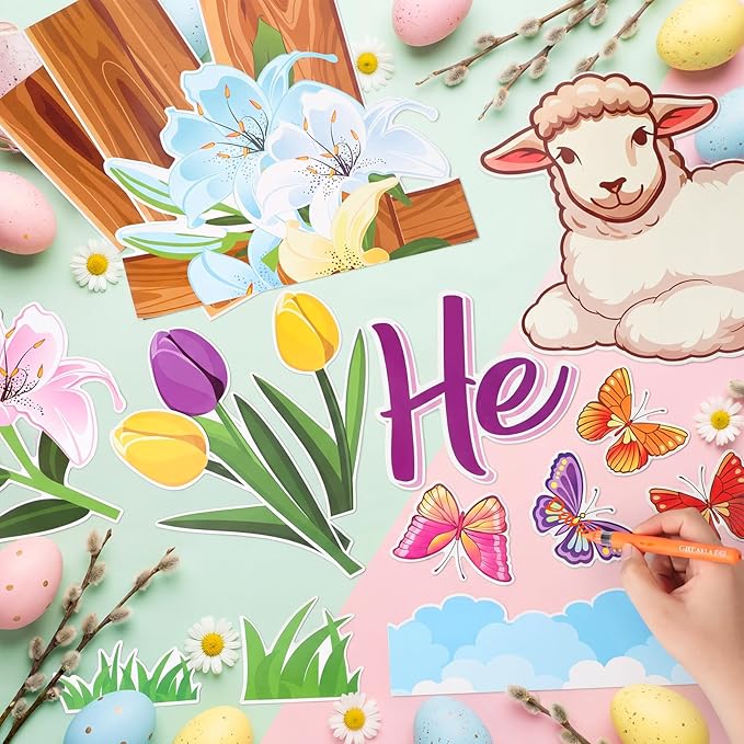 Pajean Easter Bulletin Boards Easter Classroom Decor Christian Religious Bulletin Board He is Risen Cross Bunny Egg Cutouts for Spring School Home Church Wall Door(Butterfly)