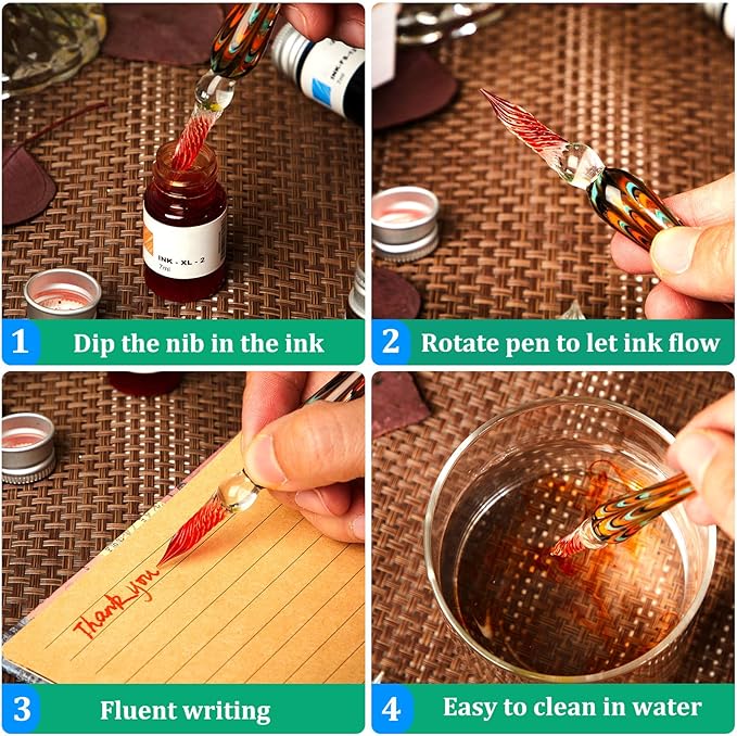 Zonon Glass Dipped Pen Ink Set 14 Pcs Include 6 Pcs Glass Dip Pen, 6 Colorful India Ink and 2 Holder Crystal Signature Calligraphy for Art, Writing, Gift(Green Color System)