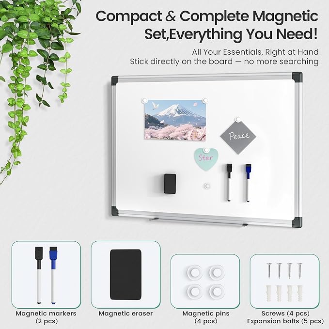 Magnetic White Board 24" x 18" for Wall, Dry Erase Board for Home Office, School, Study Room – Silver Aluminum Frame with 2 Markers, 4 Magnets, Eraser Included