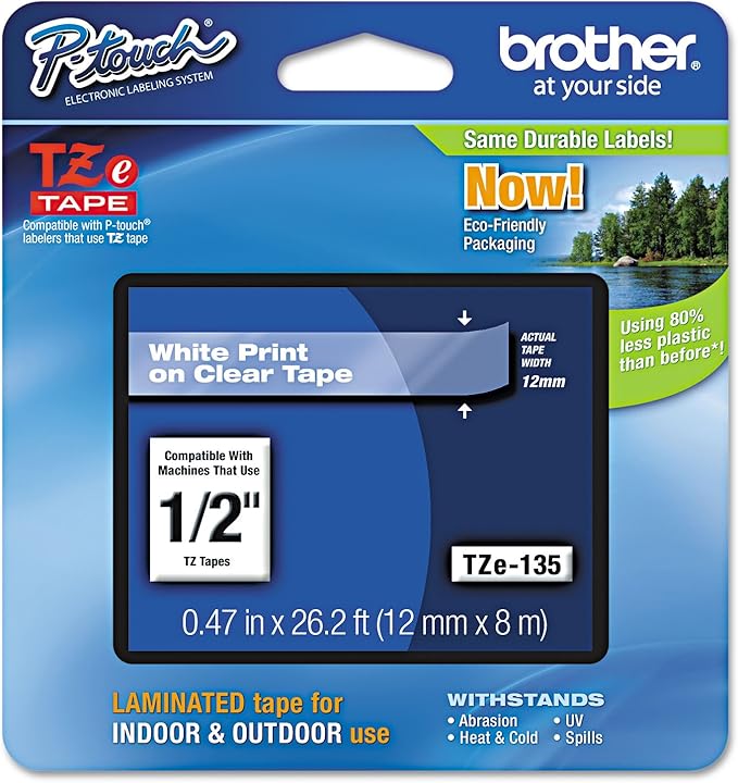 Brother Genuine P-Touch TZE-135 Tape, 1/2" (12 mm) Standard Laminated P-Touch Tape, White On Clear, Laminated for Indoor or Outdoor Use, Water-Resistant 26.2 ft (8 m), Single-Pack