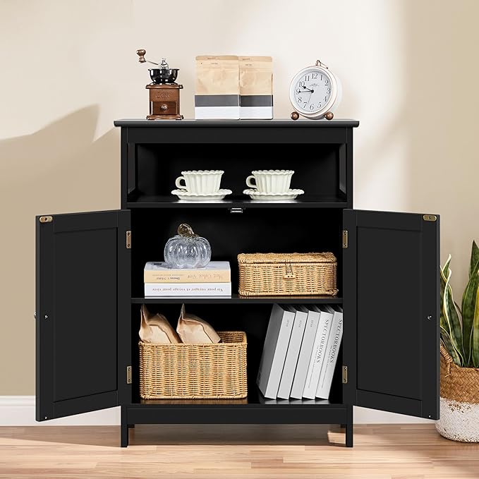 Yaheetech Bathroom Storage Cabinet, Wooden Free Standing Storage Organizer with 2 Doors & 1 Open Compartment, Adjustable Shelf,Floor Cabinet for Bathroom, Living Room, Hallway, Black