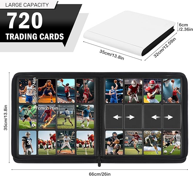 12 Pocket Card Binder, Zipper Trading Card Binder, 720 Large Capacity Side Loading Non-Ring Card Album, Double Sided Acid-Free Card Protector Binder, Card Collection for TCG, MTG, Sport Card, White