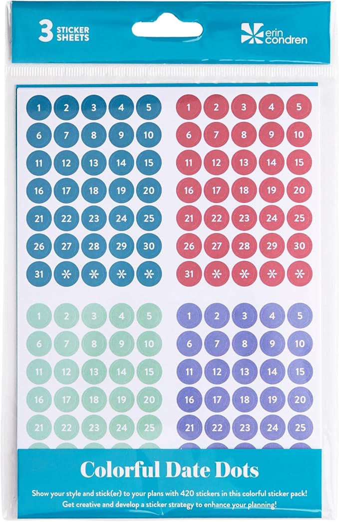Erin Condren Colorful Calendar Date Dots, 12 Sheets of Multicolor Number Stickers for Undated Planners and Calendars, Monthly Date Dot Stickers for Easy Scheduling and Planning