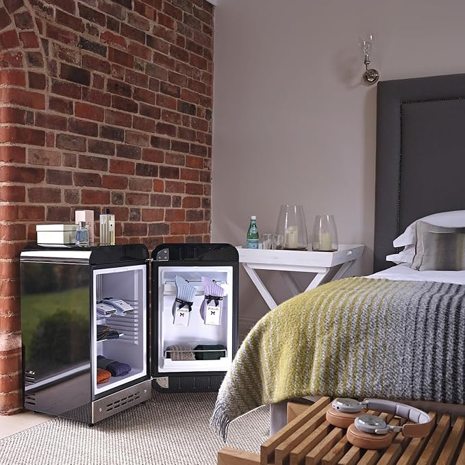 Smeg FAB5 16" 50's Retro Style Series Compact Cooler with 1.5 cu. ft. Capacity Automatic Defrost LED Interior Lighting and Adjustable Shelves Right Hand Hinge Made in Italy (Black)