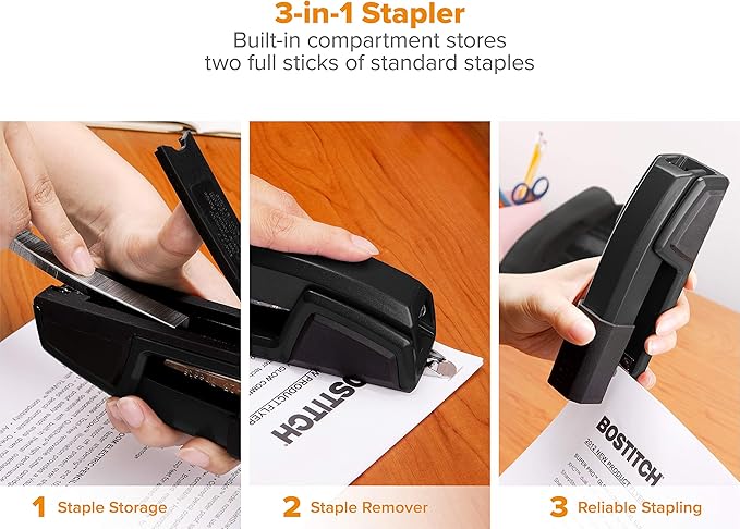 Bostitch Office Epic Metal 3 in 1 Stapler, 25 Sheet Capacity, Includes 210 Staples in Staple Storage Compartment & Integrated Remover,