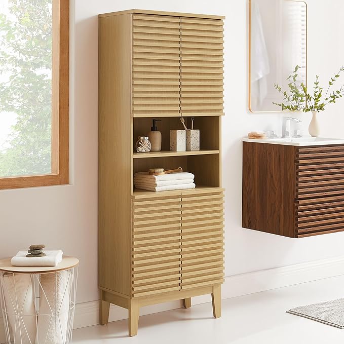 Modway Render Tall Bathroom Storage Tower in Oak - 63” Freestanding Linen Cabinet with Open Shelves and 4 Soft-Close Doors - Towel and Makeup Organizer