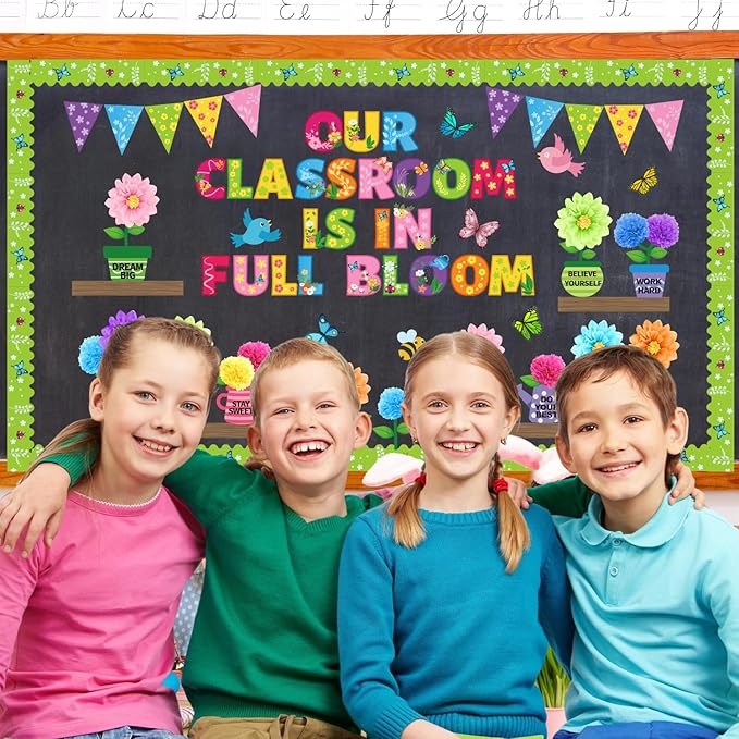 108pcs 3D Spring Bulletin Board Decorations Set Our Classroom is in Full Bloom Butterfly Flower Floral Cutouts Spring Bulletin Board for Motivational Classroom School Home