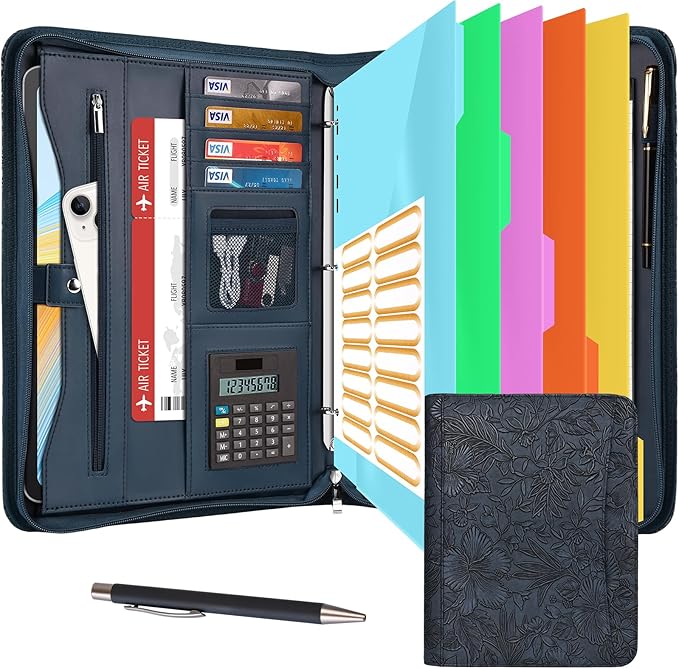 Eshow Portfolio Organizer - 3 Ring Binder with Zipper, Vegan Leather Business Padfolio Folder with Notepad Includes 5 Color Sheet Protectors for Documents Files for Men Women