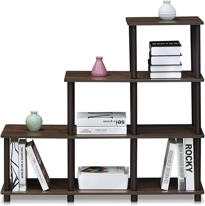 FURINNO 3 shelves, Turn-N-Tube Ladder Space Shelf, Walnut/Brown